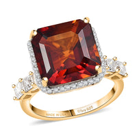 D'Joy Asscher Cut Premium Red Citrine, Moissanite Ring in 18K Vermeil YG Over Sterling Silver (Size 10.0) 8.35 ctw