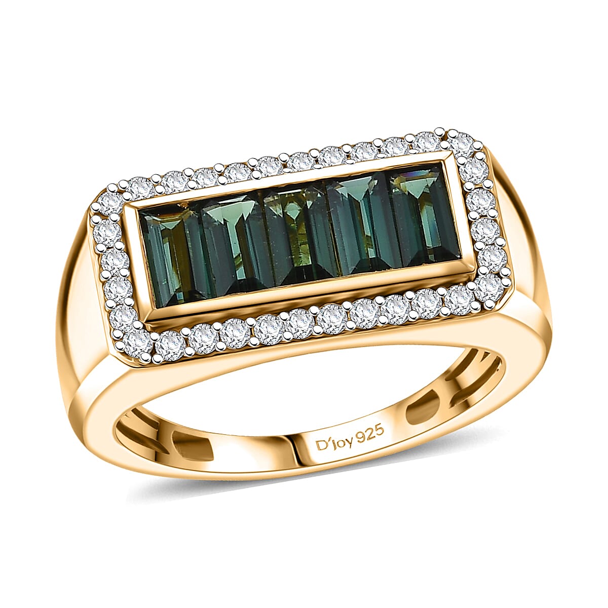 Doorbuster D'Joy AAA Monte Belo Indicolite, Moissanite Victory Frame Men's Ring in 18K Vermeil YG Over Sterling Silver (Size 10.0) 2.40 ctw
