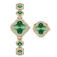 Closeout Jessica Carlyle Green Quatrefoil Watch & Ring Watch Set in Goldtone