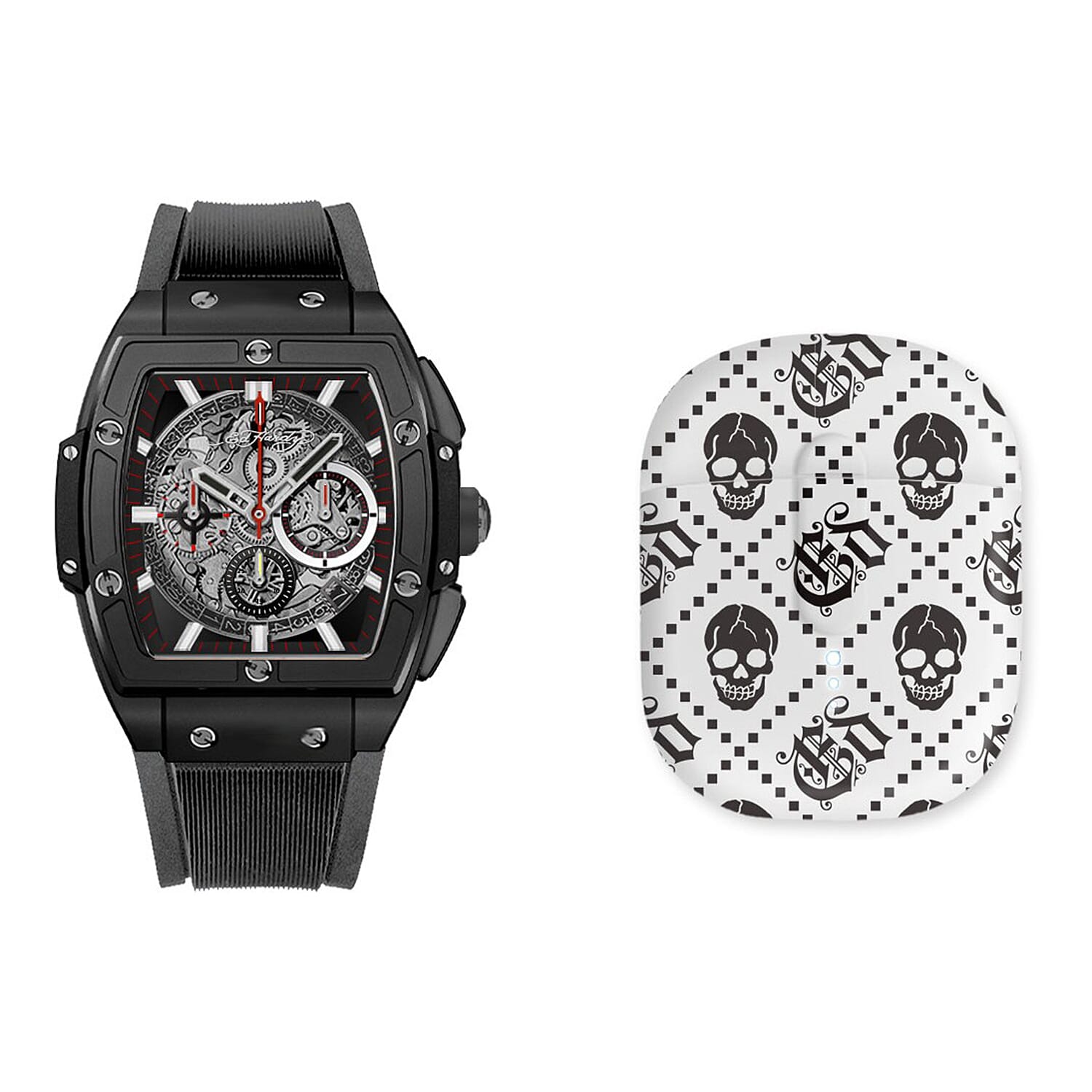 Closeout Ed Hardy Square Watch with Faux Leather Strap & Earbuds Set