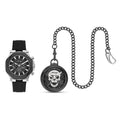 Closeout Ed Hardy Watch with Black Faux Leather Strap & Pocket Watch Set in Goldtone - Sticky add to cart bar