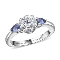 D'Joy Moissanite (Rnd 7mm), Tanzanite Ring in Rhodium Over Sterling Silver (Size 10.0) 1.60 ctw