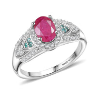 D'Joy Premium Montepuez Ruby, Paraiba Tourmaline and Diamond 1.60 ctw Aquaflame Ring in Rhodium Over Sterling Silver