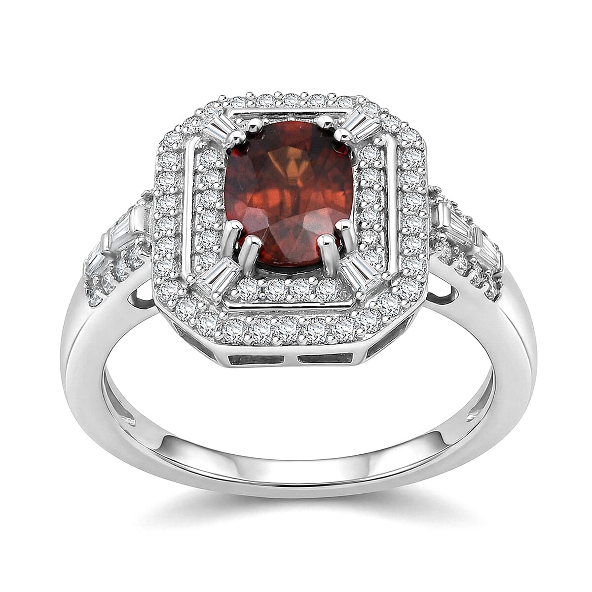 D'Joy Premium Red Zircon, Moissanite Ring in Rhodium Over Sterling Silver (Size 10.0) 3.00 ctw