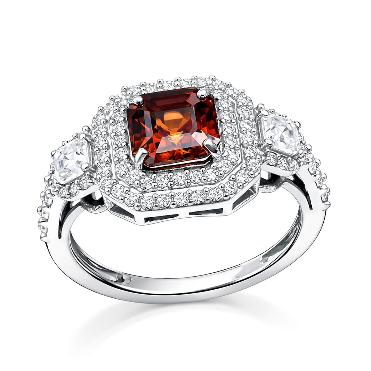 D'Joy Premium Red Zircon, Moissanite Ring in Rhodium Over Sterling Silver (Size 10.0) 2.90 ctw