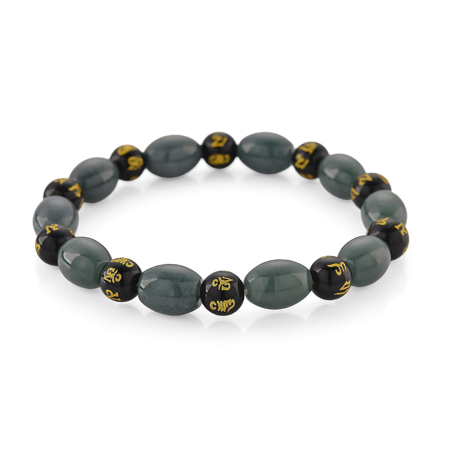 Natural Olmec Jadeite and Black Obsidian 130.00 ctw Beaded Stretch Bracelet (6.5-7.0In)