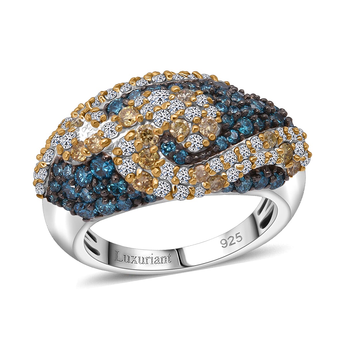 Luxuriant Lab Grown Blue and Yellow Diamond (IR) and Lab Grown Diamond (SI) Ring in Rhodium Over Sterling Silver (Size 6.0) 2.50 ctw