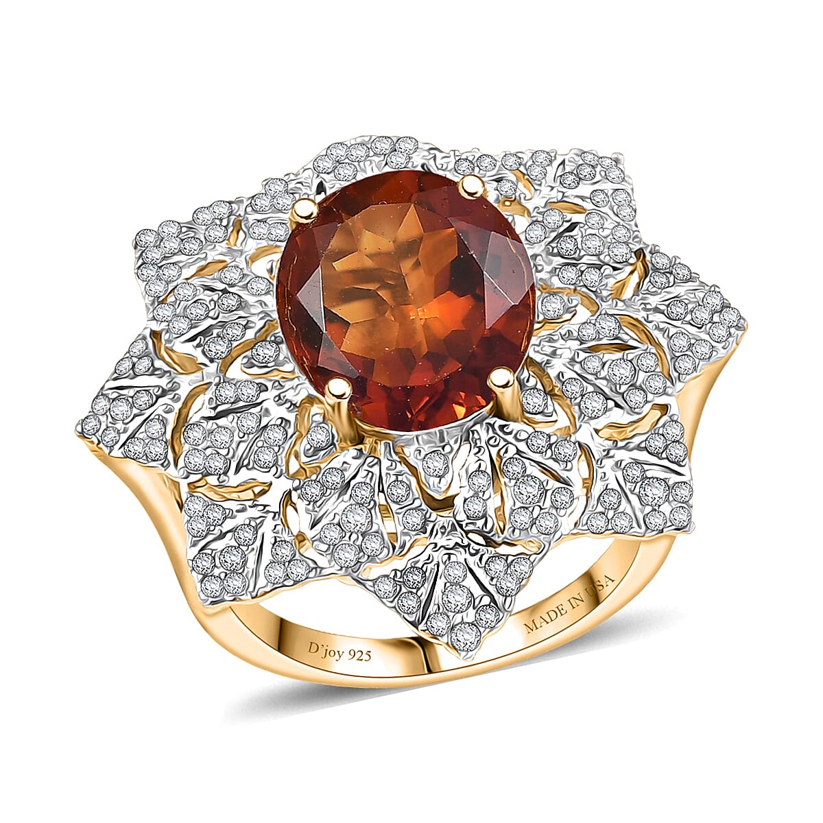 D'Joy Premium Red Citrine, White Zircon Royal Fire Blossom Ring in 18K Vermeil YG Over Sterling Silver (Size 10.0) 5.40 ctw