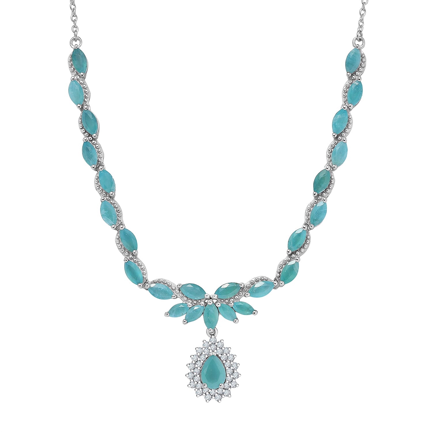 D'Joy Premium Grandidierite and Moissanite 7.95 ctw Art Deco Necklace in Rhodium Over Sterling Silver 18-20 Inches
