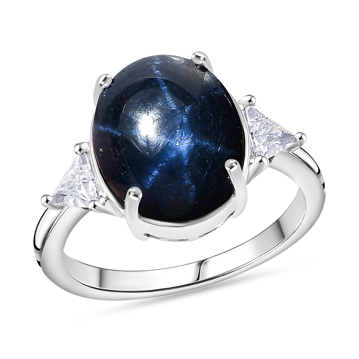 10K White Gold AAA Blue Star Sapphire (DF), Luxuriant Lab Grown Diamond (E-F, VS) (0.36 cts) Ring (Size 10.0) 10.00 ctw