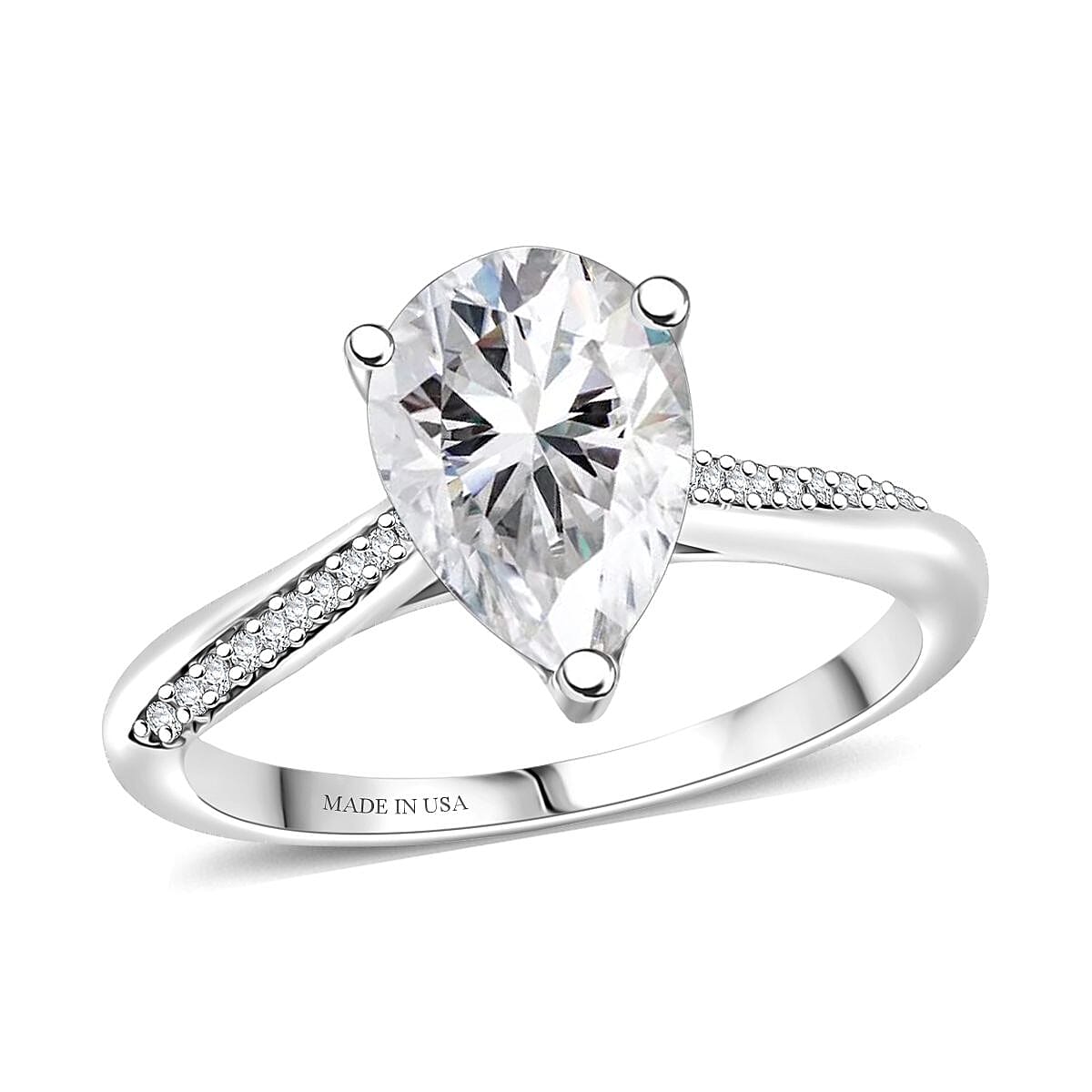 D'Joy Moissanite (Pear 10x7mm) Ring in Rhodium Over Sterling Silver (Size 10.0) 2.00 ctw