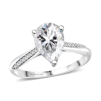 D'Joy Moissanite (Pear 10x7mm) Ring in Rhodium Over Sterling Silver (Size 10.0) 2.00 ctw