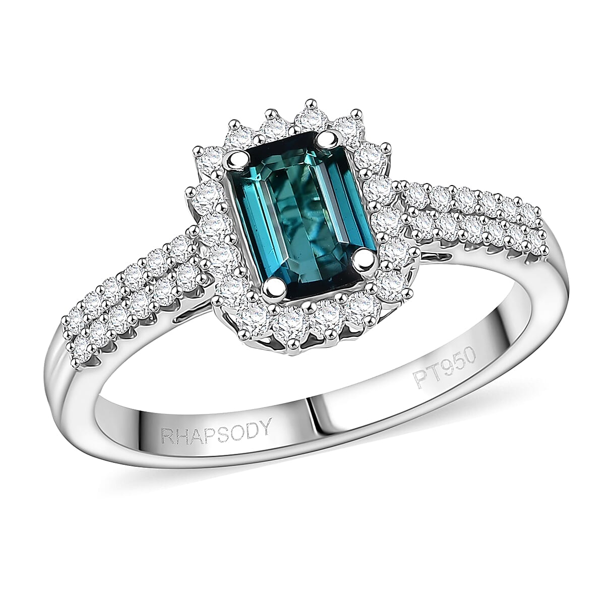 Certified & Appraised Rhapsody 950 Platinum AAAA Monte Belo Indicolite, Diamond (E-F, VS) (0.34 cts) Ring (Size 10.0) (5.55 g) 1.55 ctw
