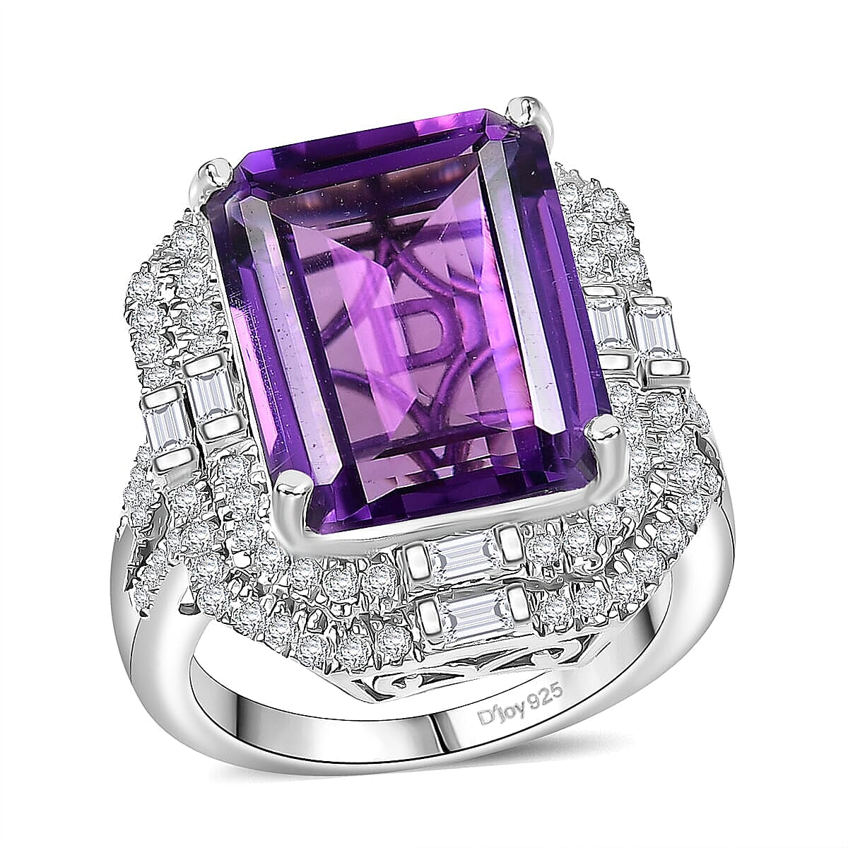 Doorbuster D'Joy AAA Lusaka Amethyst, Moissanite Crowned Oracle Ring in Rhodium Over Sterling Silver (Size 10.0) 13.15 ctw
