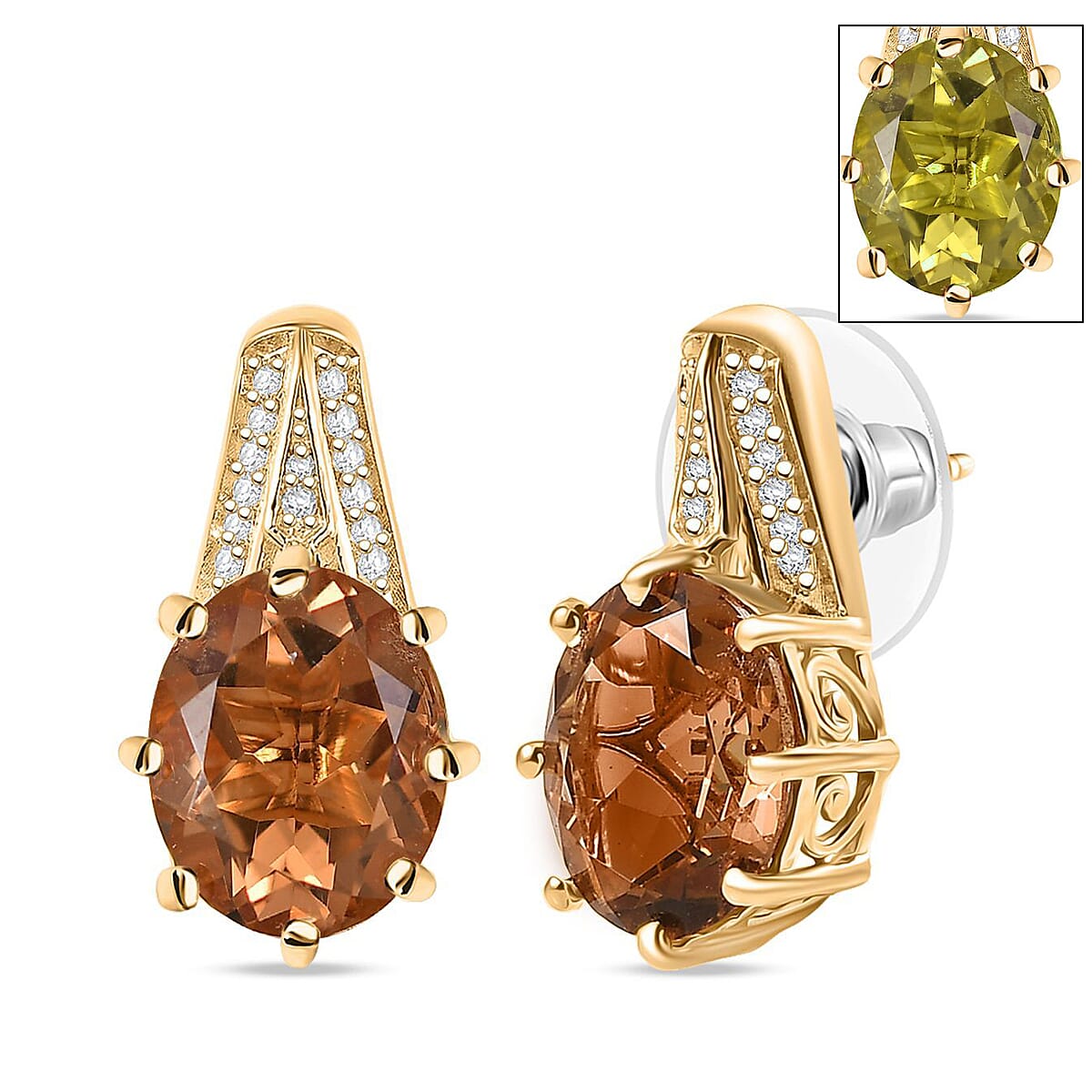 EverTrue Autumn Alexite and White Zircon 7.20 ctw Art Deco Earrings in 18K Yellow Gold Plated