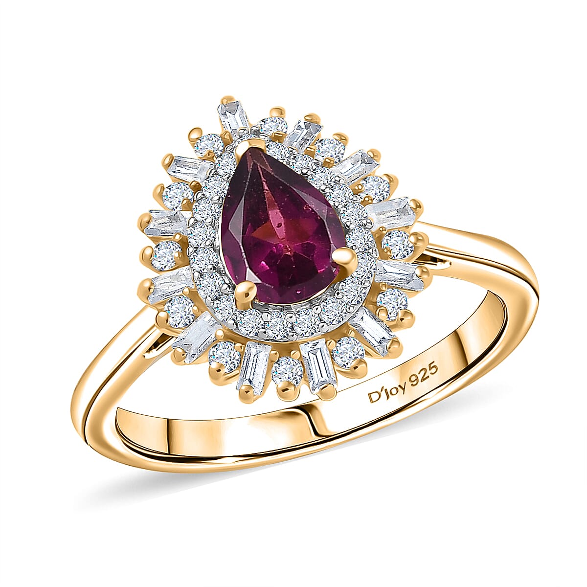 D'Joy AAA Radiant Ember Garnet, White Zircon Ring in 18K Vermeil YG Over Sterling Silver (Size 10.0) 1.60 ctw