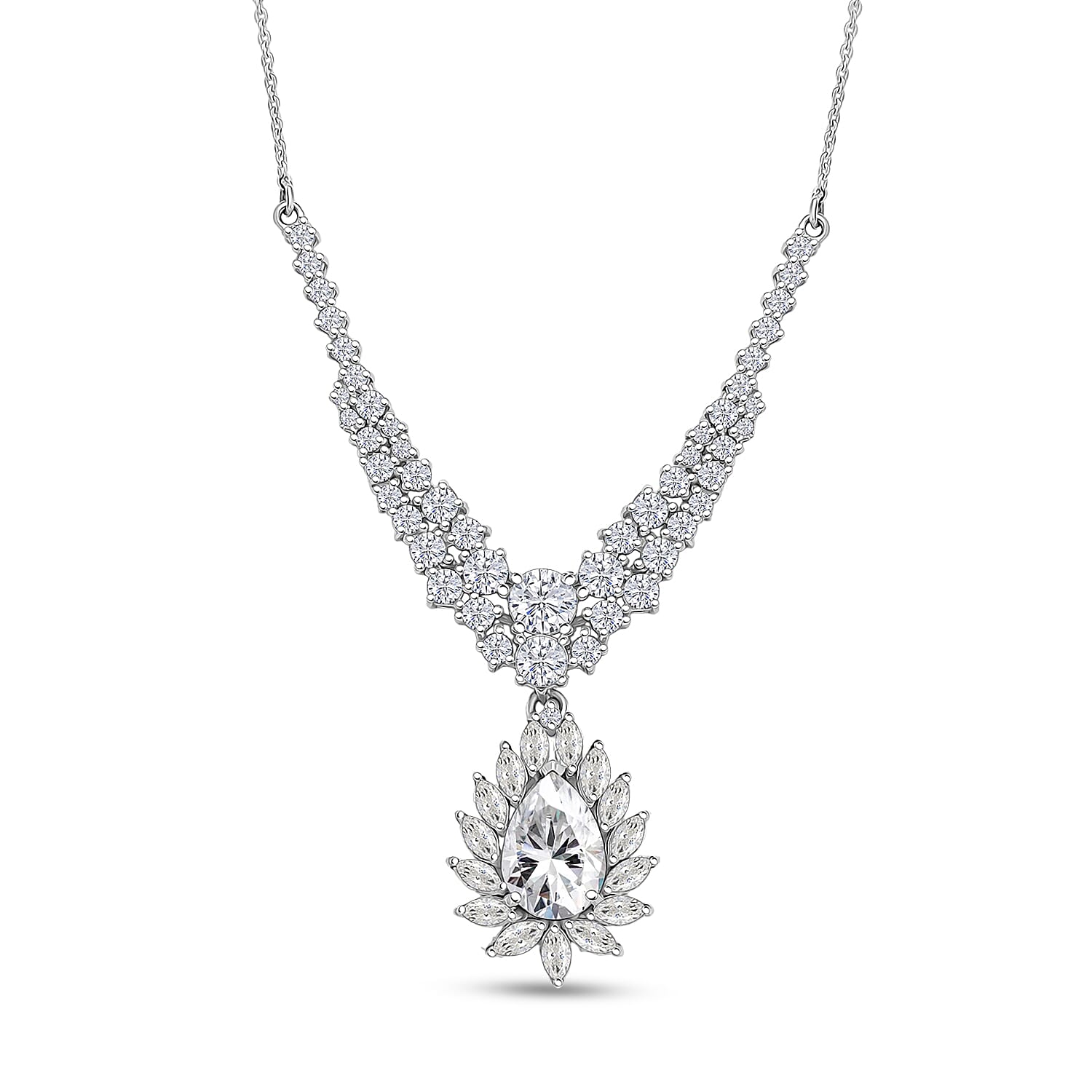 D'Joy Moissanite 4.90 ctw Blooming Lotus Necklace in Rhodium Over Sterling Silver 18-20 Inches