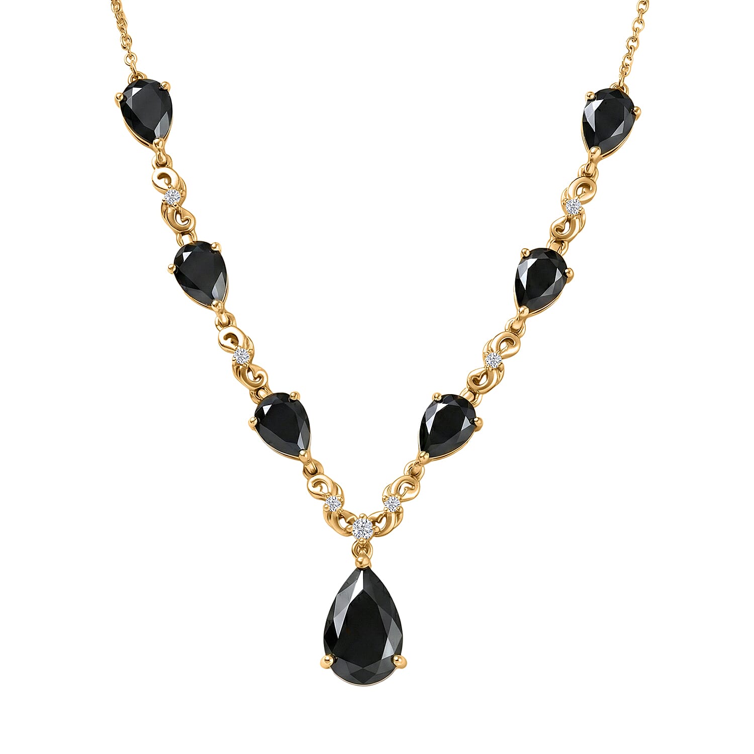 EverTrue Thai Black Spinel and White Zircon 14.35 ctw Midnight Pear Necklace in 18K YG Plated 18-20 Inches