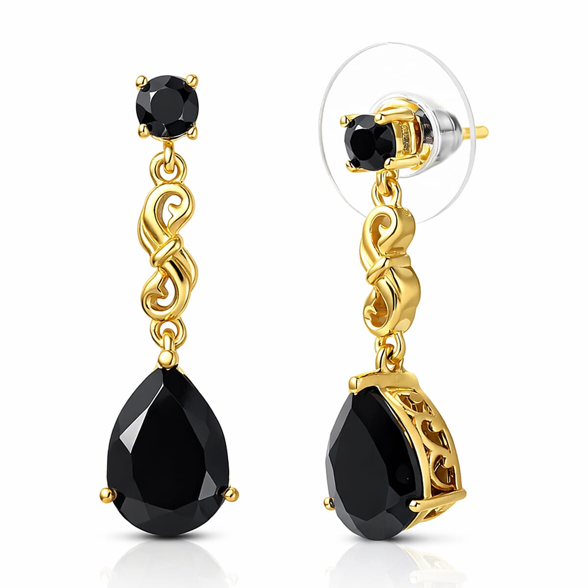 EverTrue Thai Black Spinel 5.35 ctw Midnight Pear Earrings in 18K YG Plated