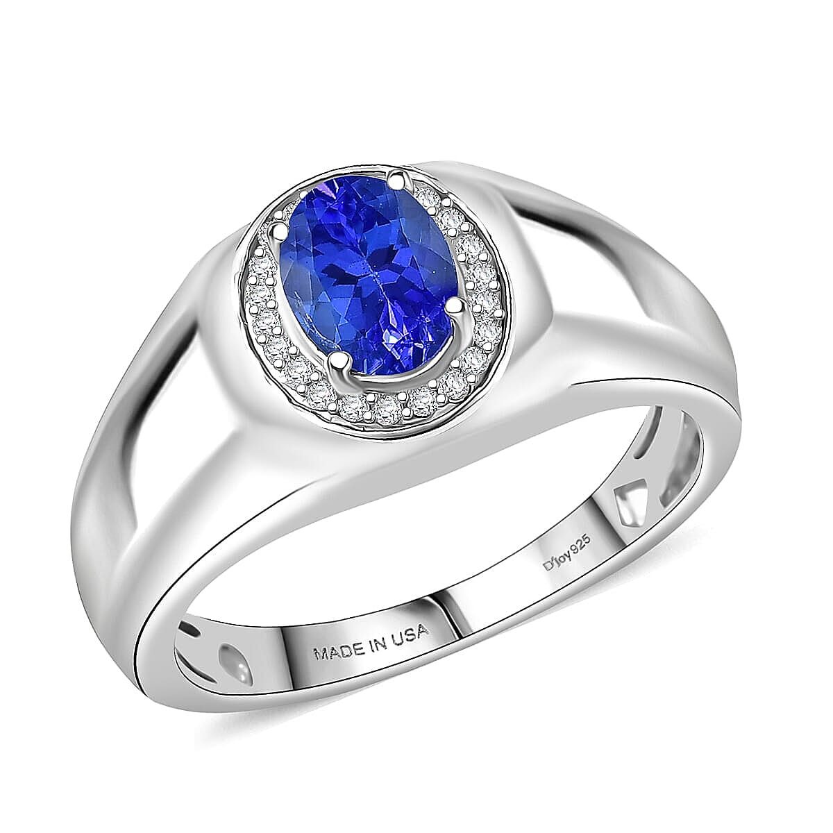 D'Joy AAA Tanzanite, Diamond Men's Ring in Rhodium Over Sterling Silver (Size 10.0) 1.15 ctw