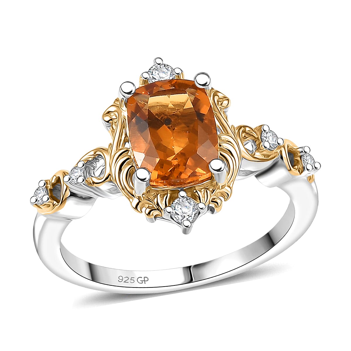 GP Royal Art Deco Collection Premium Brazilian Citrine, White Zircon Ring in 18K Vermeil YG and Rhodium Over Sterling Silver (Size 10.0) (Del. in 12-15 Days) 1.60 ctw