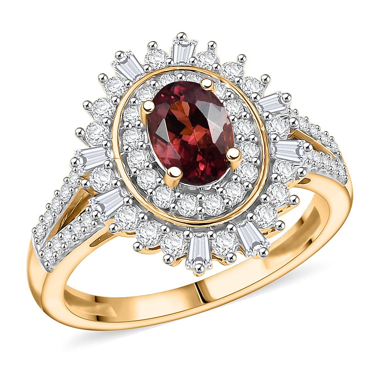 TLV D'Joy AAA Ouro Fino Rubellite, Moissanite Ring in 18K Vermeil YG Over Sterling Silver (Size 10.0) 1.60 ctw