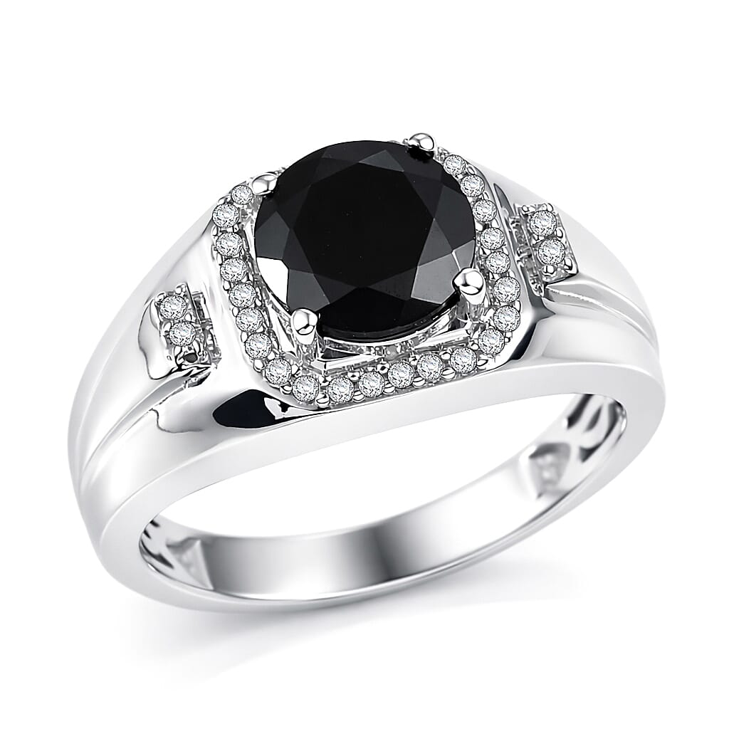 EverTrue Thai Black Spinel and White Zircon 2.70 ctw Men's Ring in Platinum Bond