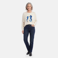 La Marey White Seahorse Crystal Crew Neck Pullover - One Size Fits Most