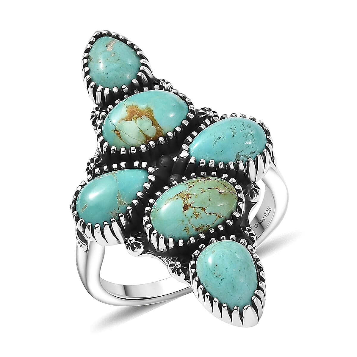 D'Joy Artisan Crafted Premium Royston Turquoise Ring in Black Oxidised Sterling Silver 1.20 (Size 10.0) 5.85 ctw