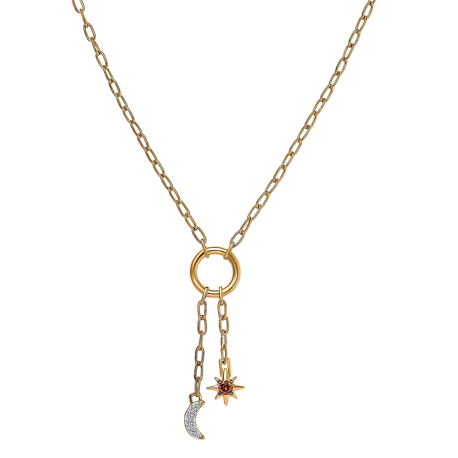 Luxuriant Lab Grown Red Diamond (IR) and Lab Grown Diamond (SI) 0.10 ctw Sun & Moon Necklace in 18K Vermeil Yellow Gold Over Sterling Silver 18-20 Inches