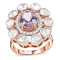 D'Joy Martha Rocha Kunzite, Lab Grown Polki Diamond (1.60 cts) Anemone Bloom Ring in 18K Vermeil RG Over Sterling Silver (Size 10.0) 5.10 ctw