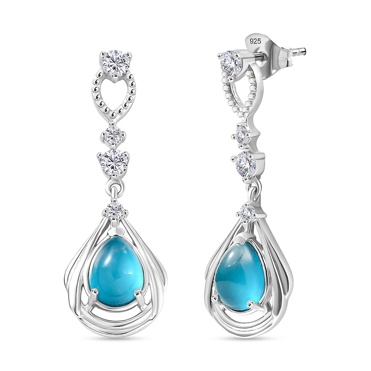 D'Joy Premium Paraiba Moonstone and White Zircon 2.70 ctw Earrings in Platinum Over Sterling Silver