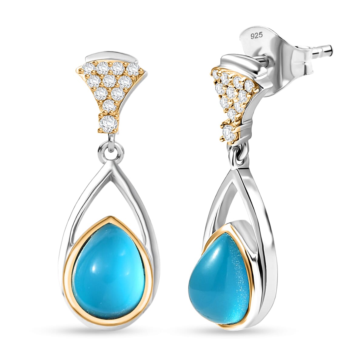 D'Joy Premium Paraiba Moonstone and White Zircon 2.40 ctw Earrings in 18K YG and Platinum Over Sterling Silver
