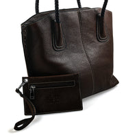 La Marey Brown Genuine Leather Tote Bag (12.4"x4.7"x12.2") with Small Pouch