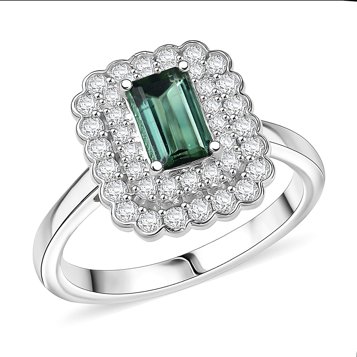D'Joy AAA Pirineu Lagoon Tourmaline, Moissanite Ring in Rhodium Over Sterling Silver (Size 7.0) 1.75 ctw
