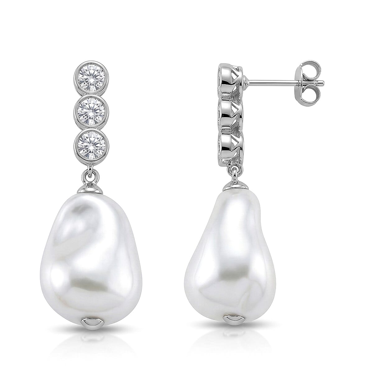 EverTrue White Shell Pearl and Simulated Diamond Fancy Earrings in Silvertone and Stainless Steel