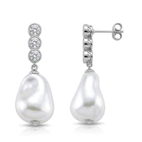EverTrue White Shell Pearl and Simulated Diamond Fancy Earrings in Silvertone and Stainless Steel