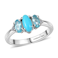 Sleeping Beauty Turquoise and Apatite, Luxuriant Lab Grown Diamond (G-H, SI) Ring in Rhodium Over Sterling Silver (Size 10.0) 1.25 ctw