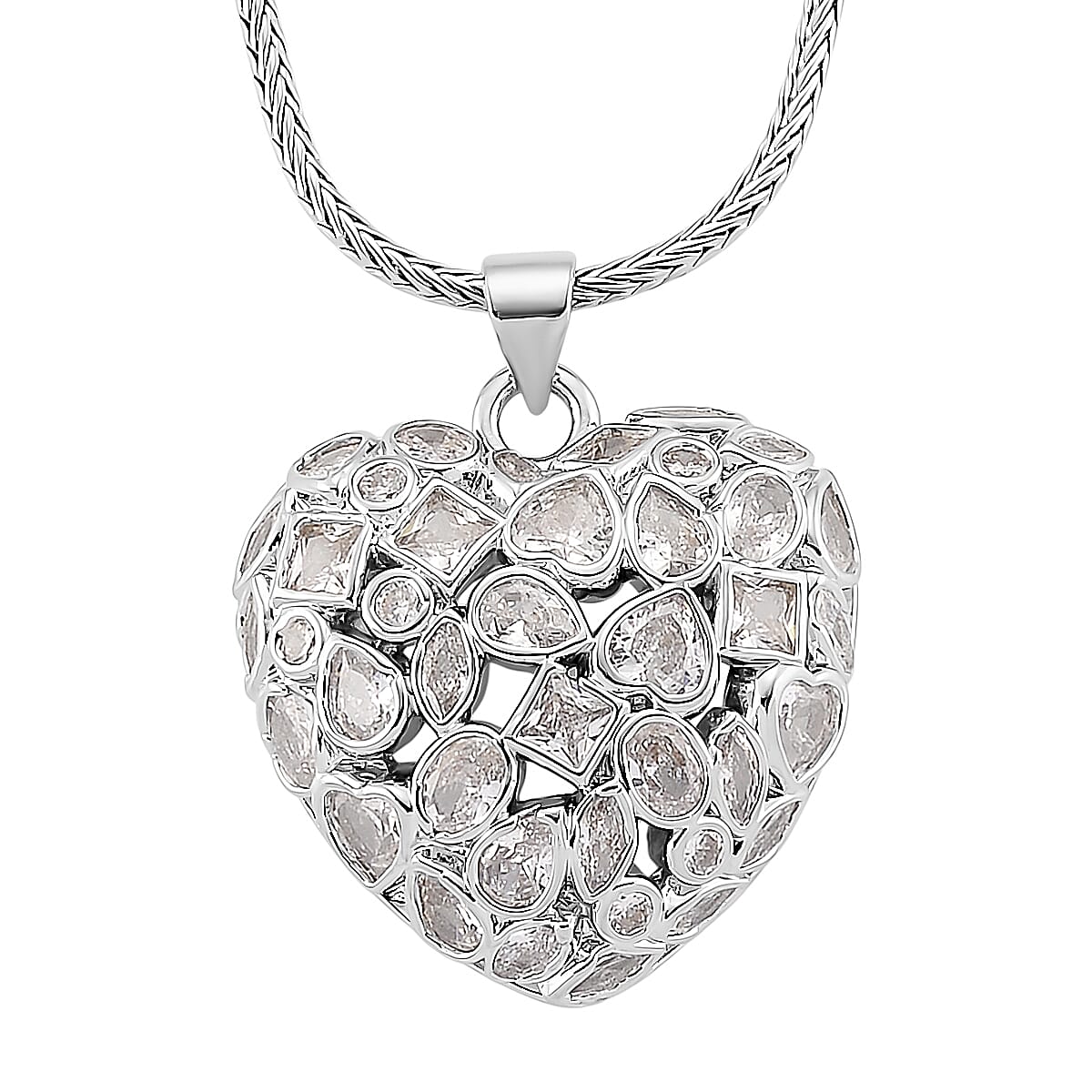 Simulated Diamond Heart Pendant Necklace (20-21.5 Inches) in Silvertone