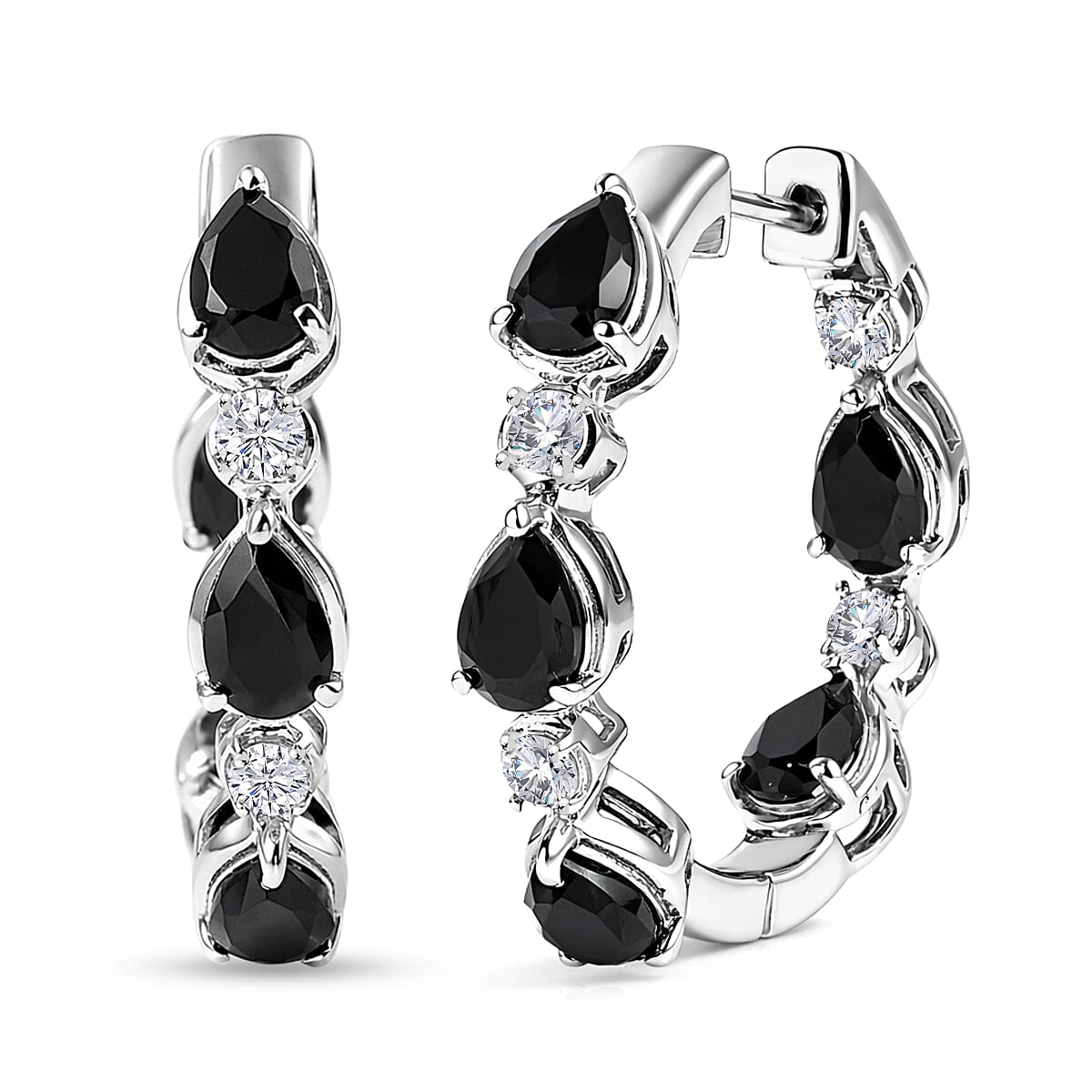 EverTrue Thai Black Spinel and White Zircon 6.00 ctw Forest Dewdrop Hoop Earrings in Platinum Bond