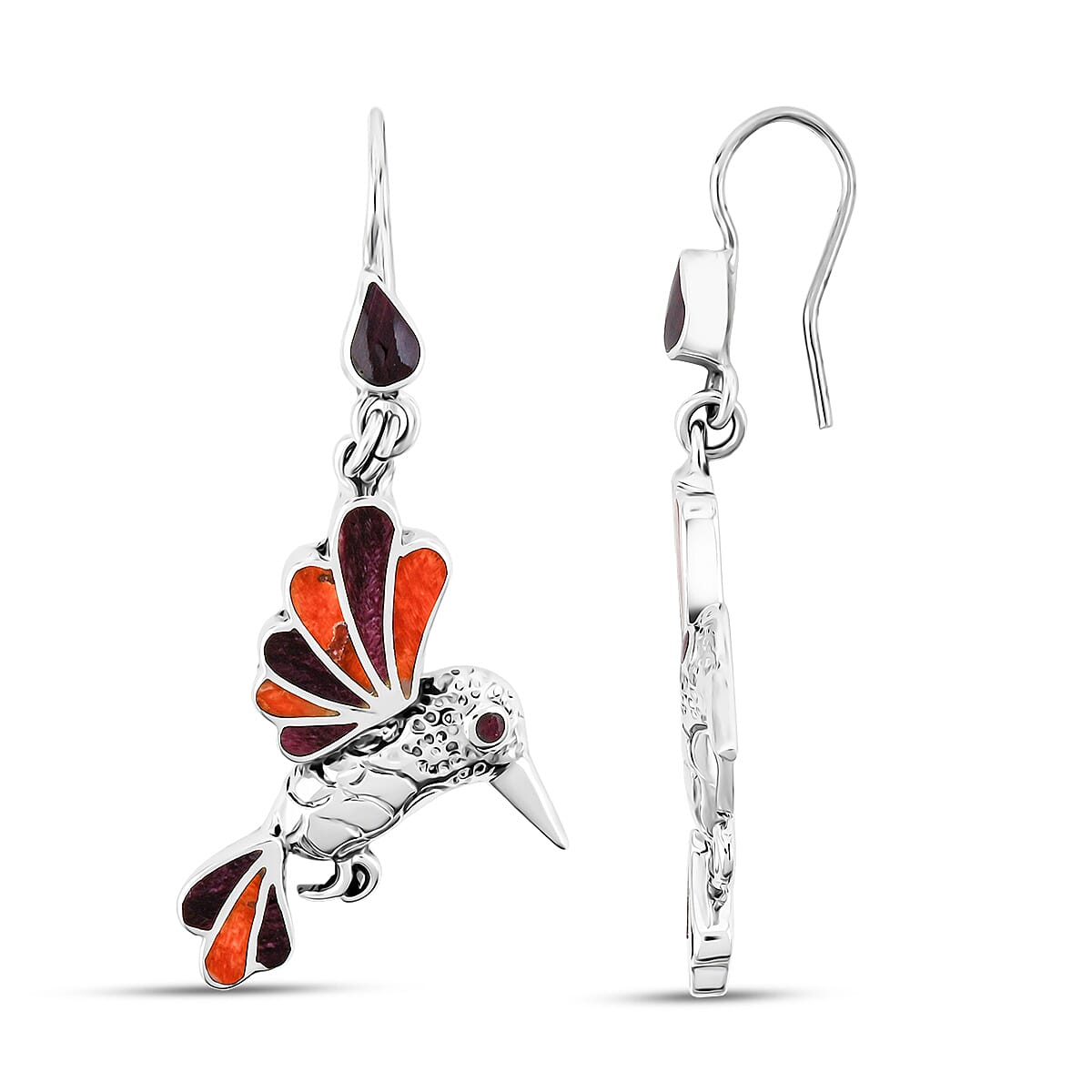Peruvian Artistry Multi Gemstone 1.40 ctw Orange and Purple Hummingbird Earrings in Sterling Silver