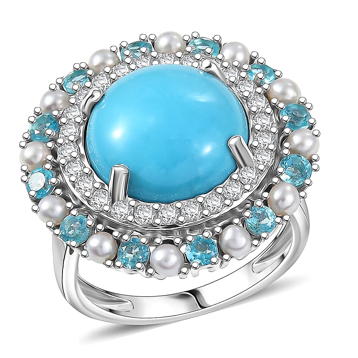 D'Joy Premium Sleeping Beauty Turquoise, Multi Gemstone Ring in Rhodium Over Sterling Silver (Size 10.0) 8.65 ctw
