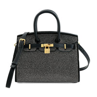 La Marey Black Faux Leather and Rhinestone Tote Bag (9.8"x5.1"x8.3") with Handle Drop