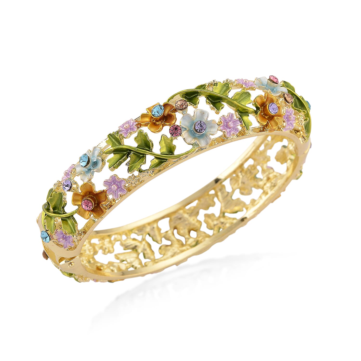 Multi Color Austrian Crystal, Multi Color Enameled Floral Bangle Bracelet in Goldtone (7-7.5In)
