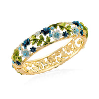 Multi Color Austrian Crystal, Multi Color Enameled Floral Bangle Bracelet in Goldtone (7-7.5In)
