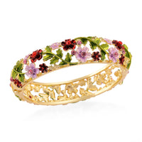 Multi Color Austrian Crystal, Multi Color Enameled Floral Bangle Bracelet in Goldtone (7-7.5In)