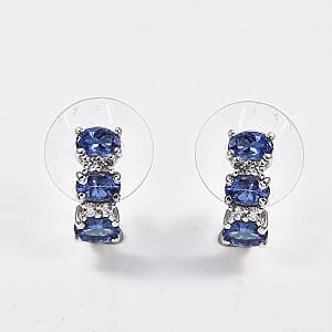 D'Joy AAA Tanzanite, White Zircon J-Hoop Earrings in Rhodium Over Sterling Silver 1.65 ctw