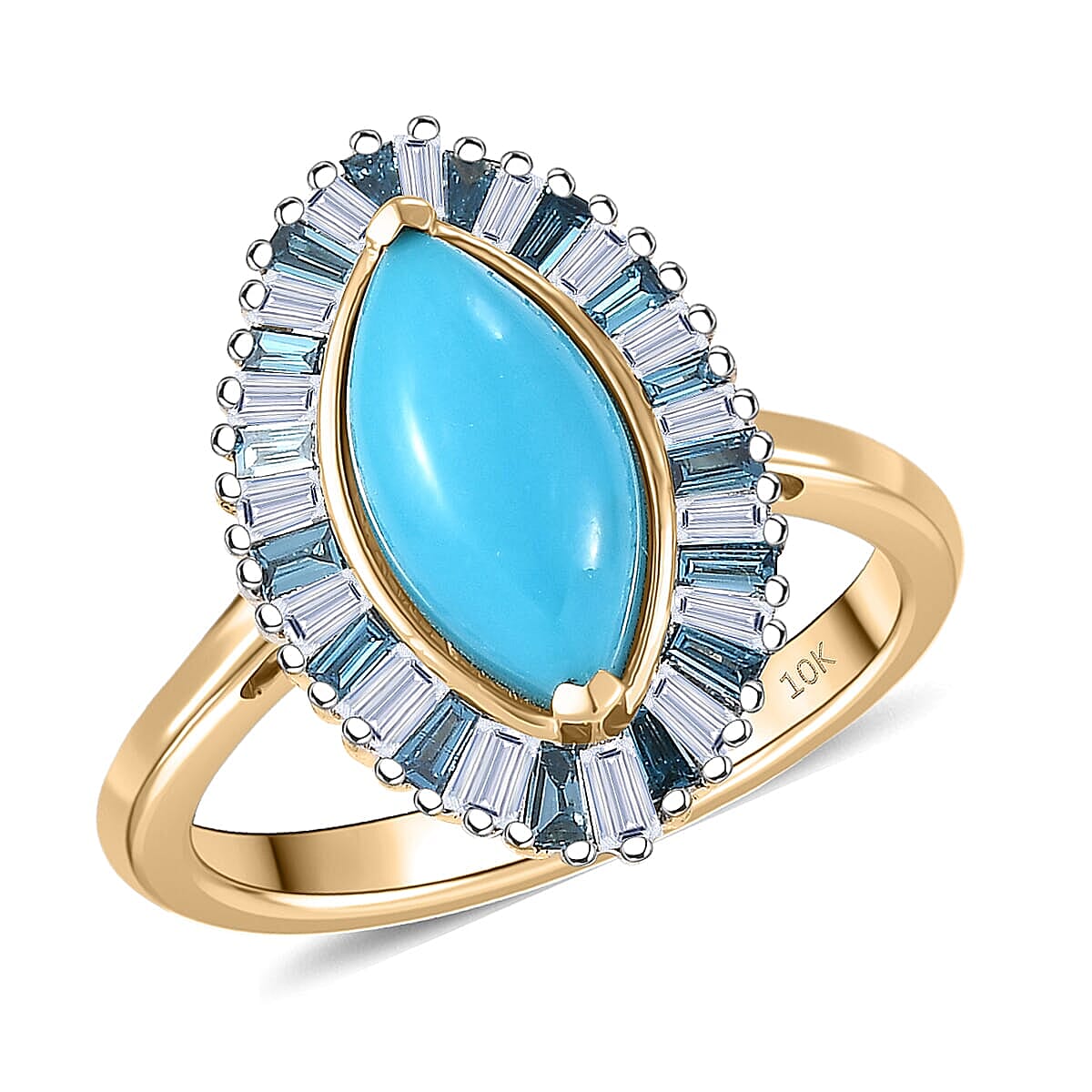 10K Yellow Gold AAA Sleeping Beauty Turquoise, Luxuriant Lab Grown Blue Diamond (E-F, VS) (0.54 cts) Ring (Size 10.0) 2.10 ctw