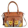 La Marey Tan Genuine Leather Embroidery work Shoulder Bag (12"x11"x4") with Shoulder Strap - Sticky add to cart bar