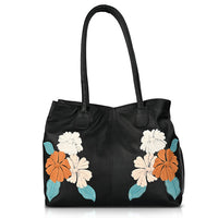 La Marey Black Genuine Leather Floral Tote Bag with Two Top Handle